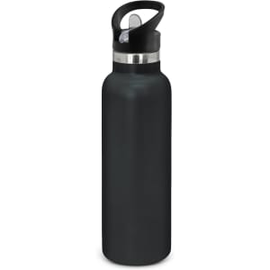 A drink bottle with a sleek, powder-coated exterior and a black lid, designed for durability and insulation.
