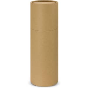 A drink bottle in a cylindrical, unbranded brown cardboard packaging, with a flat lid.