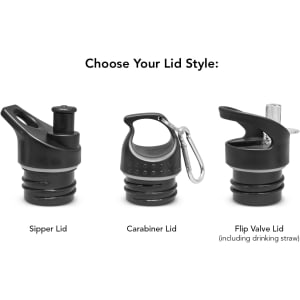 Lid styles for a drink bottle, including a sipper lid, carabiner lid, and flip valve lid with drinking straw.