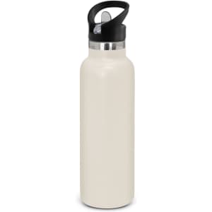 A drink bottle featuring a sleek, powder-coated design in a light color, with a stainless steel rim and a black lid.