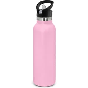 A drink bottle in a pastel pink powder-coated finish, featuring a black handle and a stainless steel lid.
