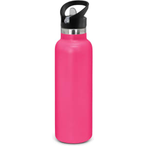 A drink bottle in a vibrant pink powder-coated finish, featuring a black screw-top lid and a handle for easy carrying.