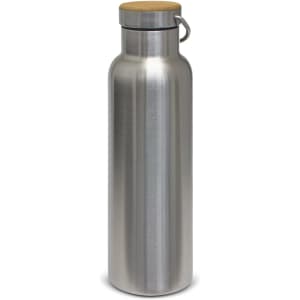 A drink bottle with a sleek stainless steel finish and a wooden cap, designed for durability and style.