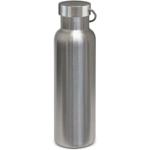 A drink bottle made of stainless steel with a sleek, polished finish and a screw-top lid.