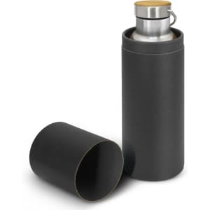 A drink bottle featuring a stainless steel body with a wooden lid, housed in a sleek black cylindrical packaging.