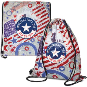 A drawstring backpack featuring a red, white, and blue design with stars and stripes, and a logo.