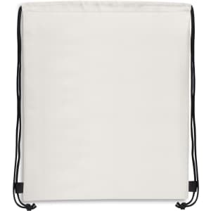 A white drawstring backpack with black straps and a logo at the bottom.