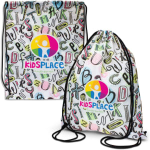 A drawstring backpack featuring a colourful design with letters and shapes, and includes a logo.