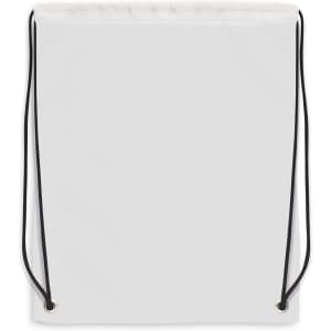 A white drawstring backpack with black cords, featuring a simple design without additional graphics or logos.