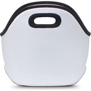 A white lunch bag with black stitching and two handles, featuring a simple design. It has a logo on one side.