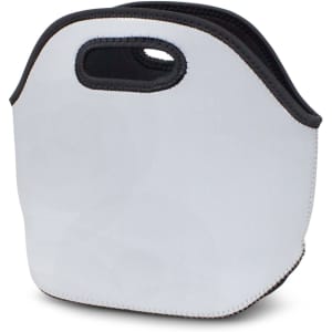 A white lunch bag with black stitching and handles, featuring a simple design and a branding logo.