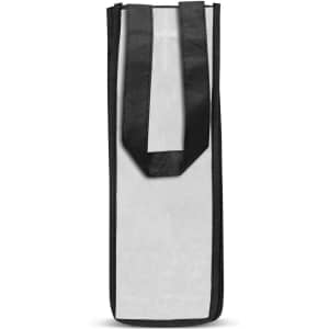 A wine tote bag featuring a sleek design with black straps and a white body.