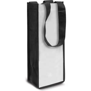 A wine tote bag featuring a sleek black design with a white panel and two sturdy handles. It has a logo on the side.