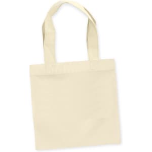 A cotton gift bag in a light beige color with two shoulder straps and a simple, square design.