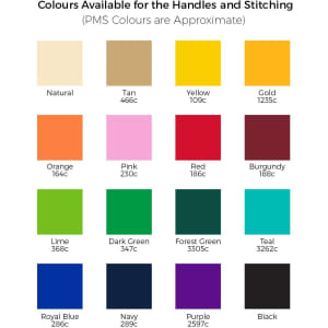 A colour palette featuring various shades for handles and stitching, including natural, tan, yellow, and more.