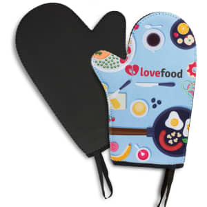 A neoprene oven mitt featuring a colourful design of food items and a black inner side. It includes a logo.