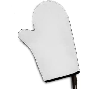 A white neoprene oven mitt with black stitching and a hanging loop. Suitable for kitchen use.