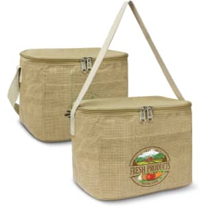A tan cooler bag with a zip closure, featuring a logo and a shoulder strap for easy carrying.