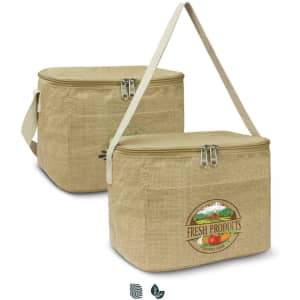 A natural jute cooler bag with a zip closure and a shoulder strap, featuring a logo on the front.