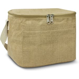 A tan jute cooler bag with a zip closure and a shoulder strap, featuring a front pocket and a logo.