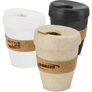 A drink bottle set featuring three cups in white, black, and beige with cork bands. Each cup has a lid and a logo.