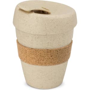 A drink bottle featuring a cork band and a secure lid, designed in a beige color with a speckled appearance.