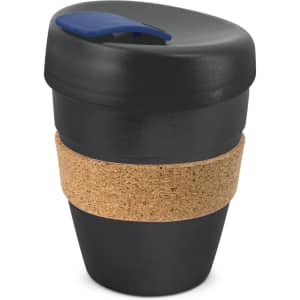 A drink bottle with a black body, cork band, and a blue lid, designed for reusable coffee.