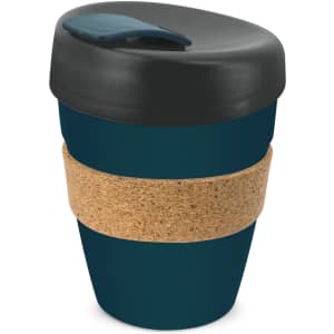 A drink bottle in dark teal with a cork band and a black lid, featuring a logo.