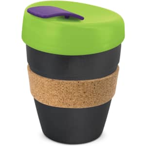 A drink bottle featuring a green lid, black body, and a cork band for grip. It has a logo on the surface.