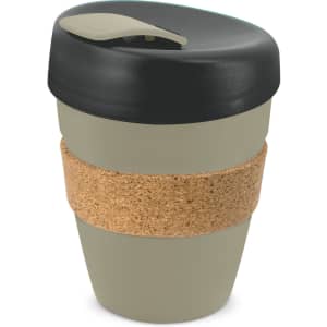 A drink bottle featuring a grey body and black lid, complemented by a cork band for grip, with a logo.