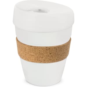 A drink bottle with a white body and a cork band, featuring a lid in matching white, designed for beverages.