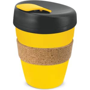 A drink bottle with a yellow body, black lid, and a cork band around the middle. It features a logo.