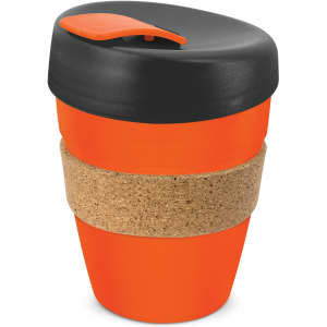 A drink bottle featuring an orange body, black lid, and cork band for grip. It includes a logo on the surface.