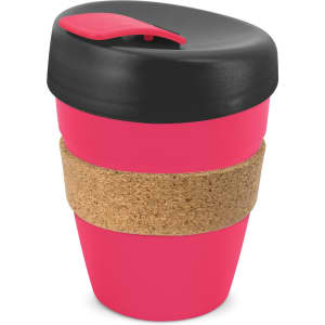 A drink bottle with a pink body, black lid, and a cork band around its middle. It features a sleek, modern design.