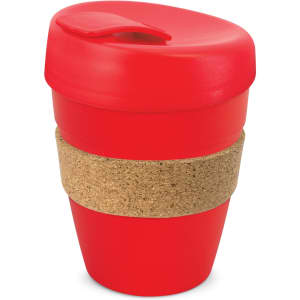 A drink bottle with a red plastic body and a cork band. It features a spill-resistant lid for convenience.
