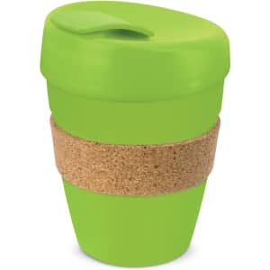 A drink bottle featuring a bright green design with a cork band around the middle and a secure, flip-top lid.