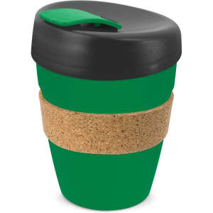A drink bottle featuring a green body, black lid, and a cork band around the midsection. It has a logo on it.