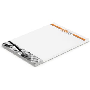 A6 note pad with a white cover and a design featuring a stethoscope, includes a branding logo.