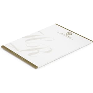 A4 notepad with 50 leaves, featuring a white cover with a gold trim and a logo at the top.