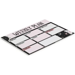 A weekly planner with a pink and black design, featuring spaces for each day of the week. It includes a branding logo.