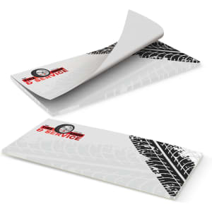 A horizontal note pad with 50 leaves, featuring a grey design with a tire tread pattern and a logo.