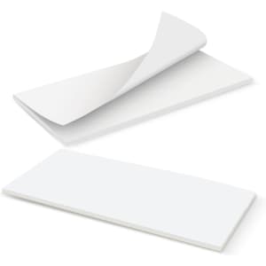 A horizontal notepad with a white cover and 50 blank leaves, featuring a simple design and a logo.
