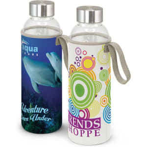 A drink bottle featuring a glass body with colourful designs and a protective sleeve, including a logo.
