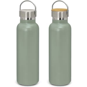 A drink bottle in matte green with a stainless steel cap and a wooden top, featuring a logo.
