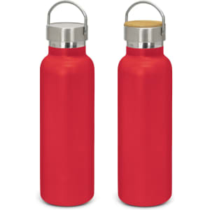 A drink bottle in a vibrant red colour with a stainless steel lid and a wooden cork top. Features a logo.