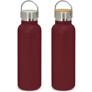 A drink bottle in a deep red powder-coated finish, featuring a stainless steel cap and wooden accent. It has a logo.