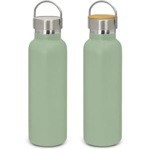 A drink bottle in a soft mint green colour with a stainless steel lid and a wooden top. Features a logo.