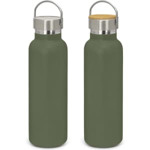 A drink bottle in matte olive green with a stainless steel lid and a bamboo top. Features a logo.