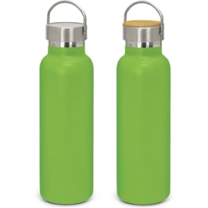 A drink bottle in vibrant green with a stainless steel lid and a bamboo top, featuring a logo.