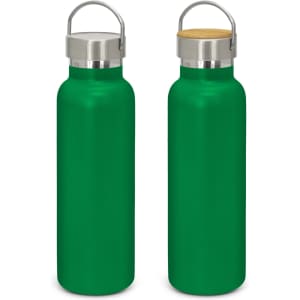 A drink bottle in vibrant green with a stainless steel lid and wooden accent, featuring a logo.